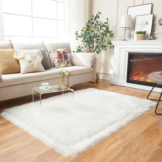 EasyJoy Ultra Soft Fluffy Shaggy Area Rug Faux Fur Rug Chair Cover Seat Pad Fuzzy Area Rug for Bedroom Floor Sofa Living Room (4 x 6 ft Rectangle, White)