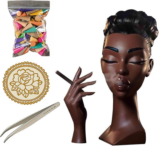 Head Incense Burner Black Woman, Funny and Elegant Head Scents Burner Black Women Facial Decoration, Waterfall Headscents Incense Holder, Ideal for Home Decor and Relaxation (A, Normal)