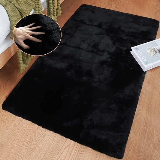 Faux Rabbit Fur Rug Machine Washable Area Rugs Black Fur Rug for Living Room Fuzzy Rugs for Bedroom Teen Room Decor Small Sheepskin 2x3 Rectangle Rugs