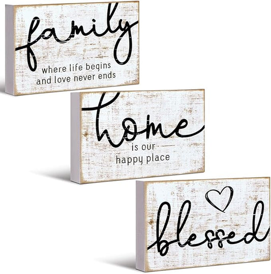 Jetec 3 Pcs Wooden Family Sign Rustic Blessed Home Wall Art Mini Wood Wall Decor Farmhouse Table Shelves Decoration Sign for Bedroom Kitchen Living Room Table Decor (Retro Color,7 x5 x 0.59 in)