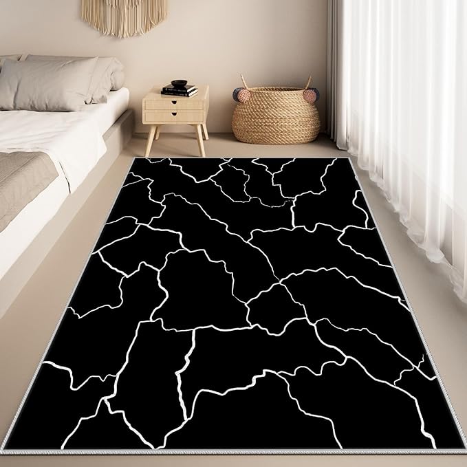 Abstract Rugs for Living Room - Modern Washable Area Rug, 4x5 Abstract Black and White Rug, Minimalist Rugs,Carpet Non Slip Home Decor