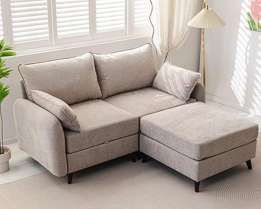 73'' Loveseat Sofa with Seats Storage, Modular Sectional Sofa with Movable Ottoman,Oversized Comfy Couches with Deep Seat,7.8'' Cushion,Couch for Living Room,Bedroom,Chenille,Khaki