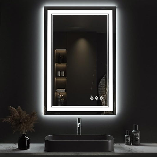 LED Mirror for Bathroom, 24x36 Inch Gradient Front and Backlight LED Bathroom Mirror, 3 Colors Dimmable CRI>90 Double Lights, Enhanced Anti-Fog, Hanging Plates Wall Mount Lighted Mirror