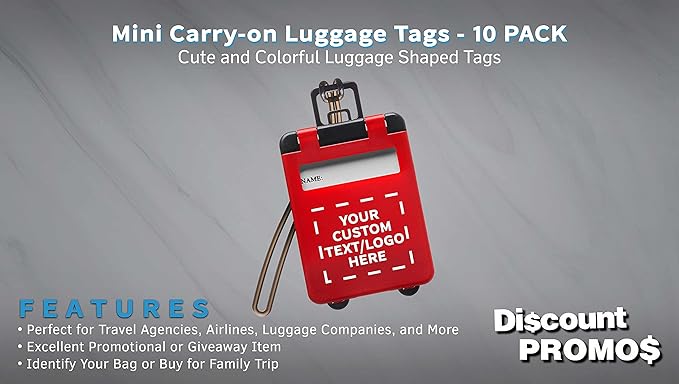 10 Mini Carry-on Luggage Tags Pack - Customizable Text, Logo - Flip Open Cover, ID Sticker - Red