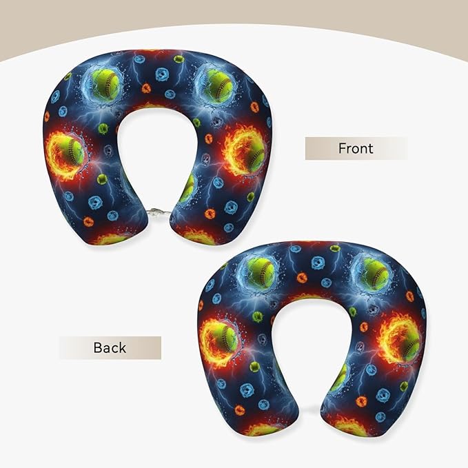 Travel Neck Pillow for Pain Relief Sleeping, Water Fire Flame Softball, Comfortable Memory Foam Chin Head Cushion Support with Zip Cover, Fashion Car Flight Pillows