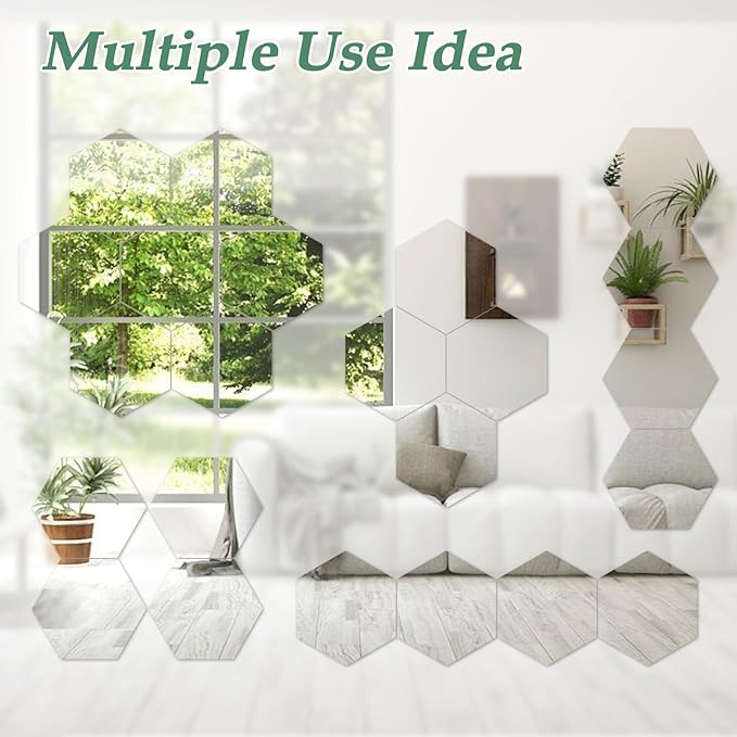 Abyssaly 4 Pack Acrylic Mirror Stickers 11.8" x 11.8", 3D Hexagon Flexible Plastic Mirror Tiles for Wall, Frameless Non-Glass Full Length Stick on Espejos Wall Tile Sheets for Bedroom Home Gym Door