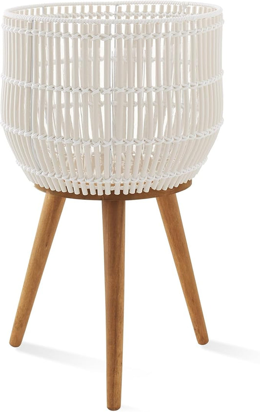 Casafield Indoor Planter with Stand, White Floor Planter with Wood Legs, Large Plant Pot Cover with Liner for Houseplants, Flower Pots and Trees