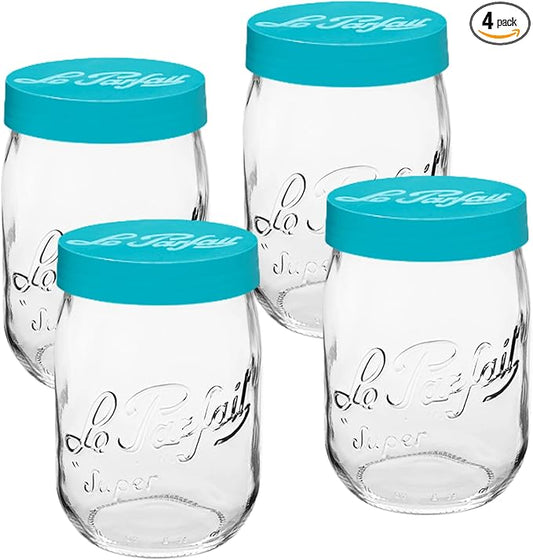 Le Parfait Screw Top Jar Wide Mouth French Glass Jar | Ideal for Food and Soup Storage, Canning, Flour, Brown Sugar, and other Baking Supplies (1L/32oz, Pack of 4, Teal)