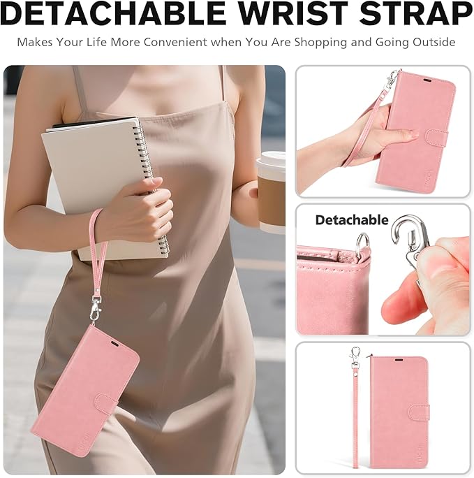 TUCCH Wallet Case for iPhone 17 (6.3") 2025, Wrist Strap | 4 Card Slots | RFID Blocking | Stand | Shockproof TPU Shell | PU Leather | Magnetic | Protective Flip Cover | Rose Gold