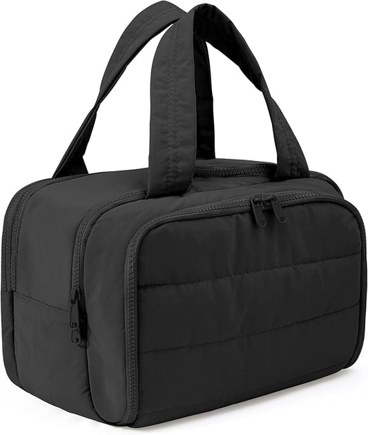 Travel Toiletry Bag for Women, Large Wide-open Puffy Cosmetic Makeup Bag with Wet-Dry Separation, Multi-Pocket Organizer with Carry Handle for Toiletries, Cosmetics, Essentials, Black