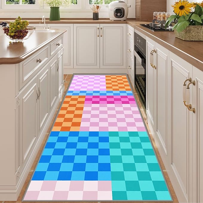 Multicolored Checkerboard Grid Runner for Entryway, 2.6x10ft, Boho Colorful Checkered Pattern Kids Playing Mat, Cozy Soft Absorbent Reduce Noise Rugs, Durable Washable Carpet for Family