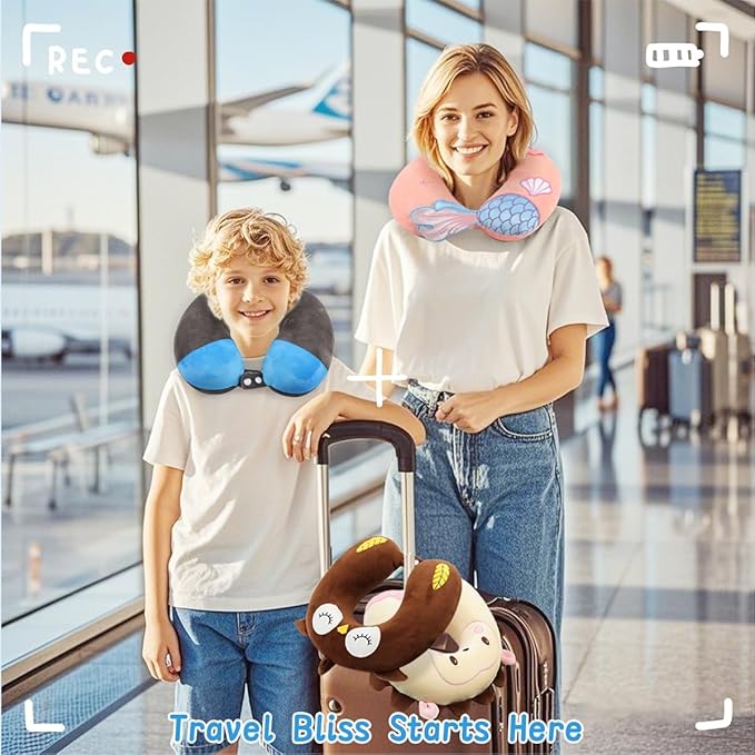 Sexysamba Travel Pillow for Kids Adults with Sleep Eye Mask Cute Cartoon U Shaped Memory Foam Neck Pillows for Travel Head Rest & Neck Support for Airplane, Car, Office Sleeping, Cream Hedgehog