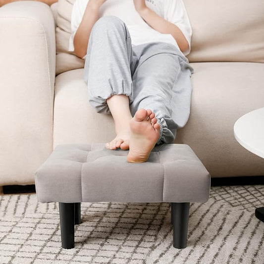 HOUCHICS Small Footstool Ottoman, Velvet Wooden Foot Stool Ottoman with Wood Legs, Sofa Footrest Extra Seating for Living Room Entryway Office(Grey 1PACK)