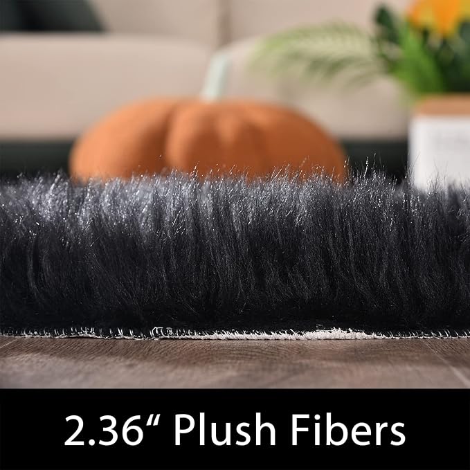 Latepis 10x14 Area Rugs for Living Room Black Fur Faux Sheepskin Rug Large Fuzzy Rugs Shaggy Fluffy Rug for Bedroom Sofa Office Entertainment Room, Rectangle