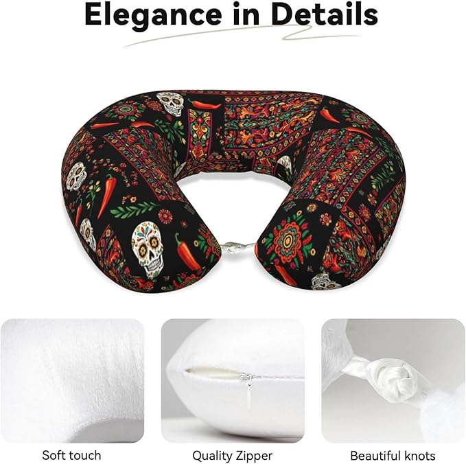 Funny Neck Pillow Support for Car Flight Rest Mexican Style Sugar Skull Traditional Paisley, Memory Foam U Shaped Decor Head Cushion for Home Outdoors Travel