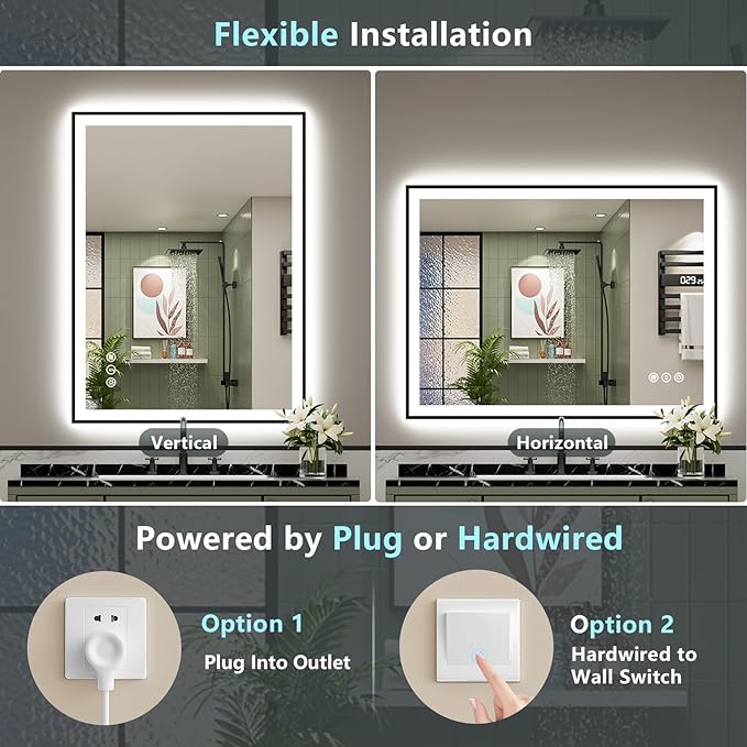 40x32 Black Framed LED Bathroom Mirror with Lights, Backlit and Front Lit, Anti-Fog Lighted Vanity Mirrors for Bathroom Wall, Dimmable, 3-Color Light, Memory, Shatter-Proof, HD Tempered Glass