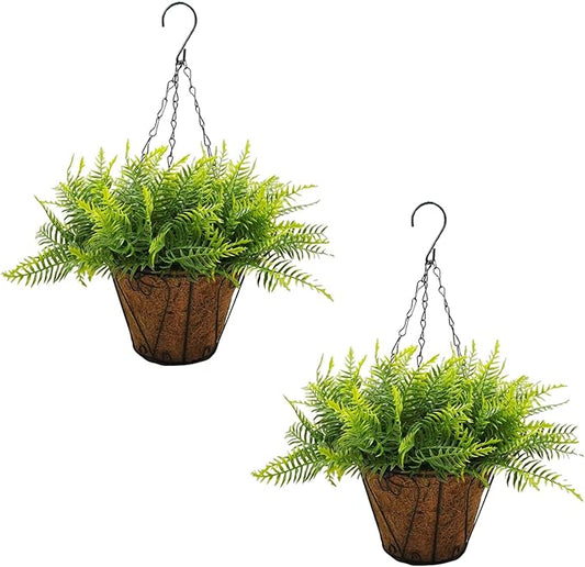 Hanging Planters with Plant Hangers for Indoor Outdoor Decor 2 Pack Artificial Green Fern 25CM Straight Coconut Fiber Hanging Baskets with Durable Iron