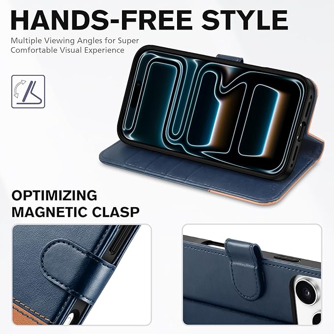 TUCCH Wallet Case for iPhone 17 Pro Max (6.9") 2025, 4 Card Holders, RFID Blocking, Stand, Shockproof TPU Shell, PU Leather, Magnetic Closure, Protective Flip Folio Cover, Blue & Brown
