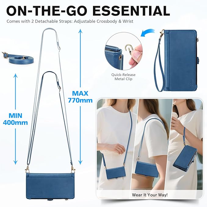 TUCCH Removable Crossbody Case Wallet for iPhone Air (6.5") 2025, Wireless Charging, RFID Blocking 9 Card Slots, Lanyard, Wrist Strap, Zipper Pocket, PU Leather, Stand Magnetic Cover, Light Blue