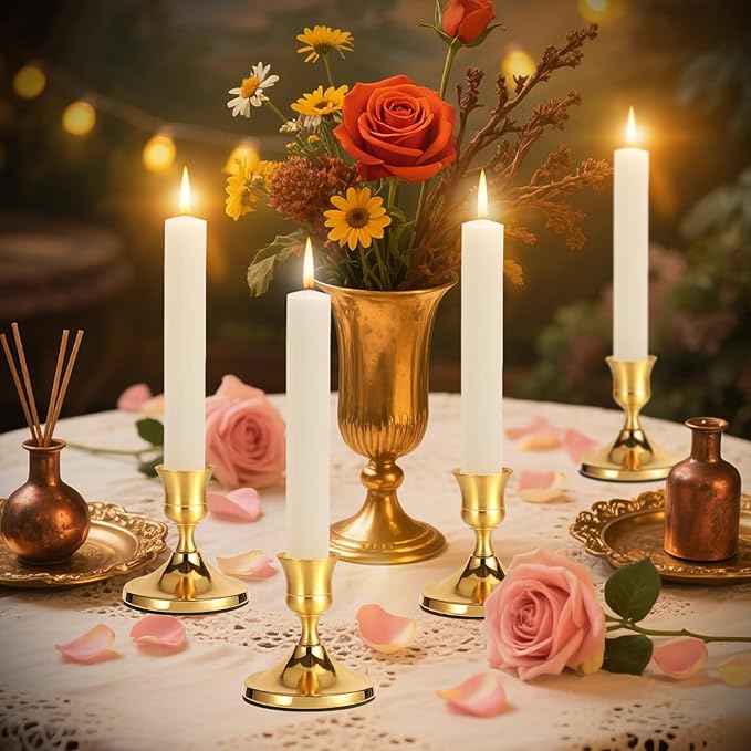 4 Pcs Brass Gold Taper Candle Holders, Vintage Metal Candlestick Holders Set for Dining Table, Wedding & Party Centerpiece Decor, Fits Standard Taper Candles, Mantel & Home Decorations