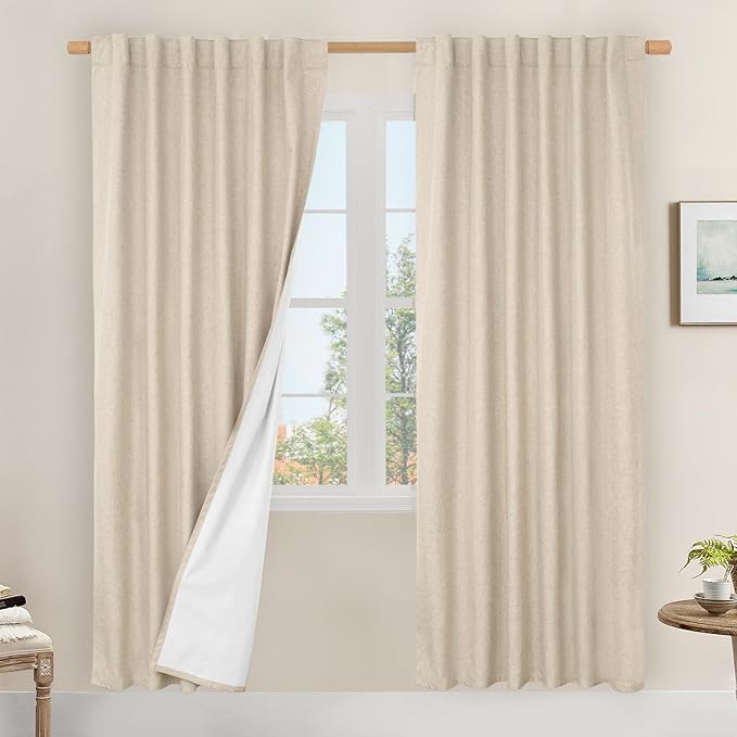 LAMIT 100% Blackout Natural Linen Curtains, 80 Inches Linen Textured Thermal Bedroom Curtains Back Tab and Rod Pocket Neutral Panels with White Liner for Farmhouse, 2 Panels, 52 x 80 Inch, Linen