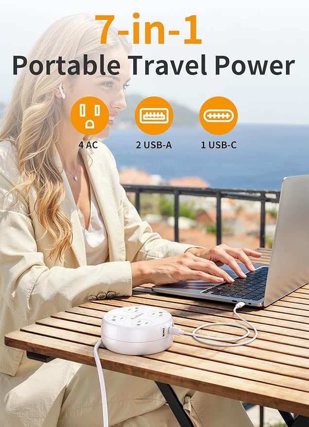 UK Travel Plug Adapter - Retractable Power Strip with 4 AC Outlets & 3 USB Ports (USB-C), Type G Adapter for US to UK, Ireland, Scotland, Hong Kong, Dubai (White)