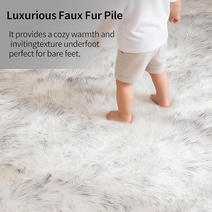 Samll Faux Fur Sheepskin Area Rug for Living Room Bedroom, White with Grey Tips, 2 x 3 Feet Ultra Soft Shaggy Fuzzy Furry Carpet Chair Throw Rugs for Kids, Girls, Nursery Room Decor Dorms