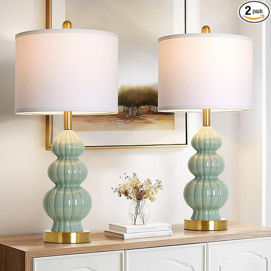 Green Ceramic Lamps Set of 2, 26.5" Modern Table Lamps for Living Room, Classic Bedside Lamp with Triple Gourd, Elegant Bedroom Lamp for Night Stand Desk Side End Table Home Decor