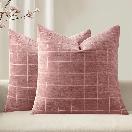 MIULEE Valentines Decorative Chenille Throw Pillow Covers Vintage Plaid Couch Pillows 18x18 Inch Set of 2 Boho Farmhouse Cushion Covers Modern Spring Home Decor for Sofa Bed Living Room Blush Pink