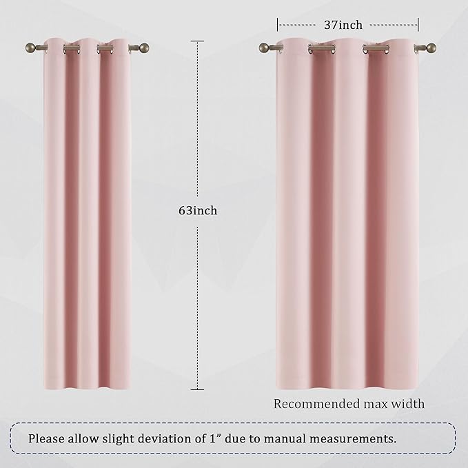 DUALIFE Baby Pink Curtains Blackout 63 Inch Length - Rose Blush Curtains for Nursery Thermal Insulated Room Darkening Curtain Panel Pair with Grommet Top 42 x 63 Inches Long, 2 Panels
