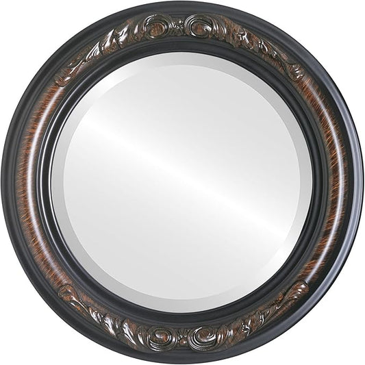 OVALCREST Round Beveled Wall Mirror for Home Decor - Florence Style - Vintage Walnut - 22x22 Outside Dimensions