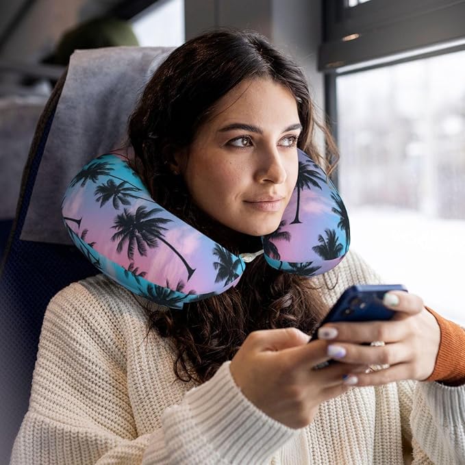 Travel Pillow Chin Neck Support, Comfortable Airplane Car Pillows for Rest, Memory Foam U Shaped Office Home Nap Sleeping Cushion Purple Sky Palm Trees
