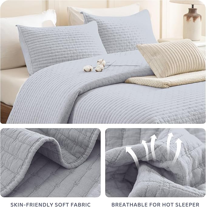 Sanracie Stonewashed Oversized King Quilt(120"x120"), Cotton Cornflower Blue Cross Stitch Pattern California King Quilt Sets 3Pcs Soft Lightweight Crinkle Bed Coverlet Set for All Season