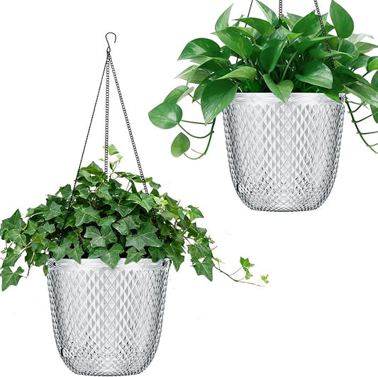 QCQHDU Self Watering Hanging Pots, 2 Pack 7.2 Inch Hanging Planters for Plants Indoor, Outdoor Flower Pots with Drainage Holes and 3 Hooks Chains for Garden Home (Clear)