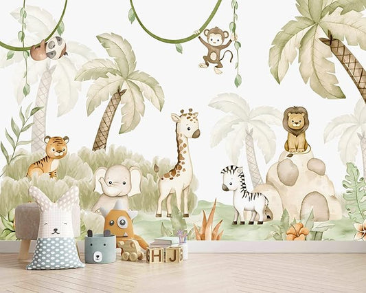 AFZEVEB-Safari Wallpaper Watercolor Animal Nursery Wall murals for Kids Room 136"x96"(Not Peel and Stick)