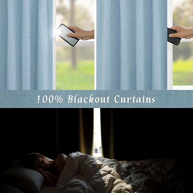 LAMIT Linen 100% Blackout Window Curtains for Bedroom, 45 Inches Linen Textured Thermal Farmhouse Curtains Back Tab and Rod Pocket Window Panels with White Liner, 2 Panels, 38 x 45 Inch, Stone Blue