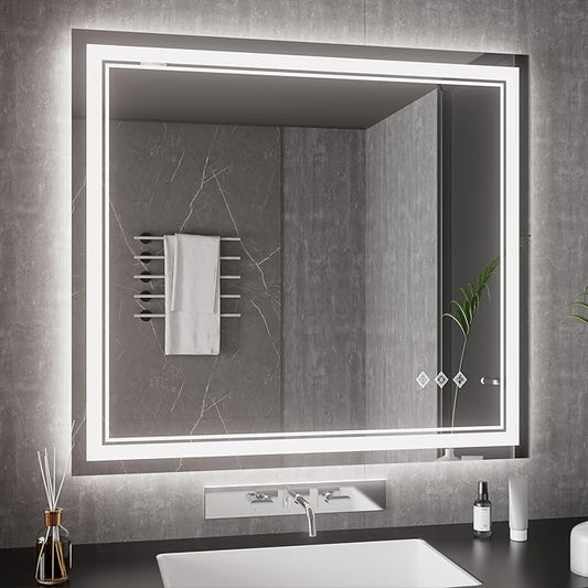 Bathroom Mirrors for Wall, 40x36 Inch Gradient Front and Backlight Lighted Mirror, 3 Colors Dimmable CRI>90 Double Lights, IP54 Enhanced Anti-Fog, Hanging Plates Wall Mount Smart Mirror
