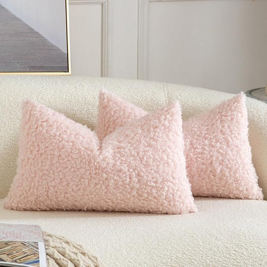 Yaertun Pack of 2 Faux Fur Throw Pillow Covers Decorative Sherpa Boucle Pillow Covers Fuzzy Soft Pillowcases Sheepskin Fleece Cushion Case for Couch Sofa Bed Living Room 12x20 Inch Pink