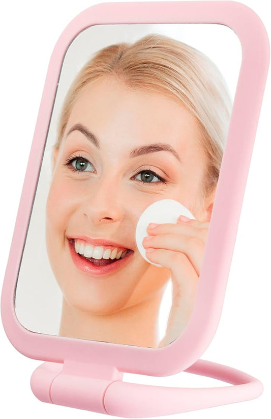 EXPRESSIONS Premium Soft Touch Rectangle Pink Vanity Mirror with 1x 2X Magnification, Rotating Handheld Tabletop Makeup Small Desk Travel