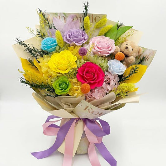 HUACHIPLUS Preserved Bouquet with Bear: Big Flowers Big Love-Romantic Gifts for Her Wife Girlfriend Mom-Flowers for Delivery Prime on Christmas Valentines Day Anniversary Mothers Day (dopamine1)