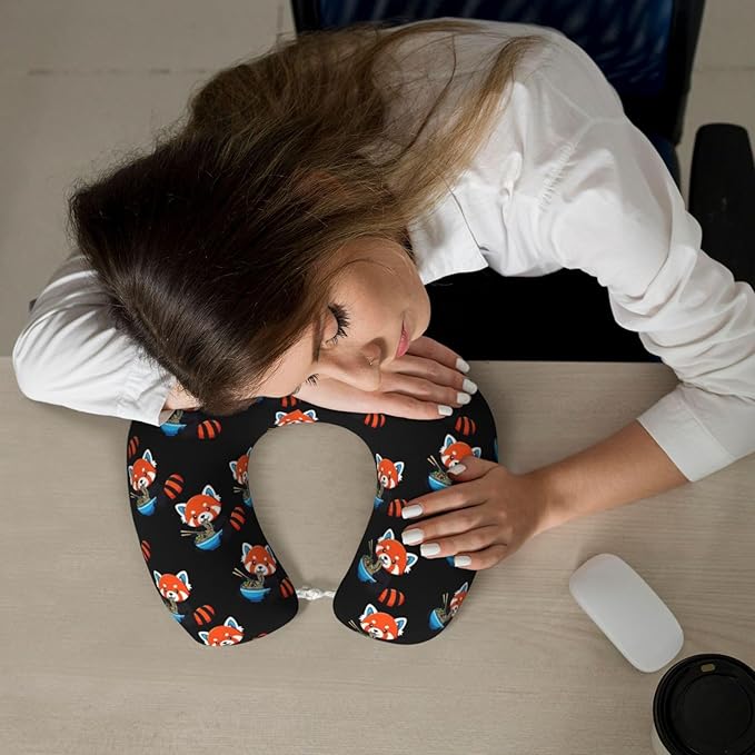 Unique Travel U Shaped Pillows Red Panda Eating Ramen for Airplanes Car Flight, Comfortable Chin Head Neck Cushion Supporting, Polyester Removable Cover