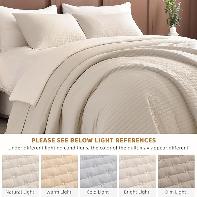 Sanracie Oversized Queen Bedspread Set 102"*118", 100% Cotton Wheat Colored Extra Large Wide Queen Quilt Bed Set Soft and Cozy Cloud Lightweight Quilts for All Season