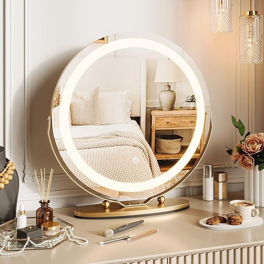 GarveeHome 19 in Vanity Mirror with Lights, Round Large LED Vanity Mirror with Smart Touch 3 Colors Dimmable, Touch Lighting, 360° Rotation for Dressing Room & Bedroom Tabletop, Easy Assembly(Gold)
