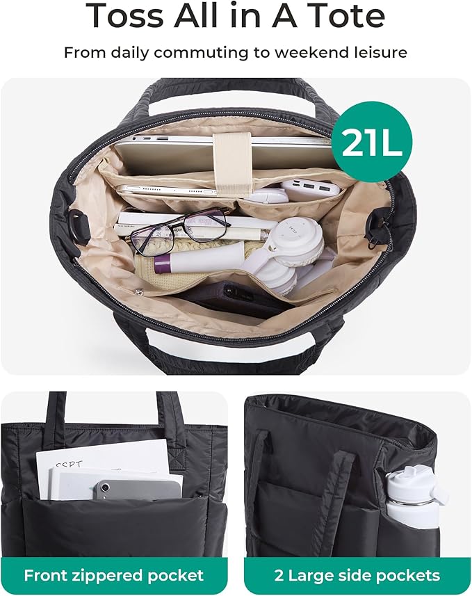 BAGSMART Tote Bag for Women, Lightweight Puffy Tote Bag with Compartments Shoulder Bag Handbag for Travel, Work, Gym
