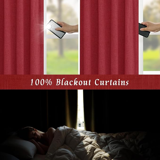 LAMIT Red 100% Blackout Window Curtains for Bedroom, 45 Inches Linen Textured Thermal Christmas Decor Drapes Back Tab and Rod Pocket Window Panels with White Liner, 2 Panels, 52 x 45 Inch