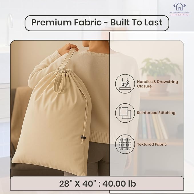 LFH Home Large Premium 100% Cotton Canvas Laundry Bag with Drawstring and Handles Heavy Duty, Multi-Use, and Washable for Home, Travel, College or Storage 28x40 (Pack of 2)-Natural
