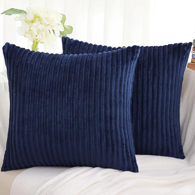 Simmore Decorative Spring Throw Pillow Covers 16x16 Set of 2, Soft Natural Plush Flannel Double-Sided Fluffy Couch Pillow Covers for Sofa Living Room, Navy Blue