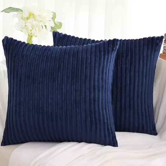 Simmore Decorative Spring Throw Pillow Covers 20x20 Set of 2, Soft Natural Plush Flannel Double-Sided Fluffy Couch Pillow Covers for Sofa Living Room, Navy Blue