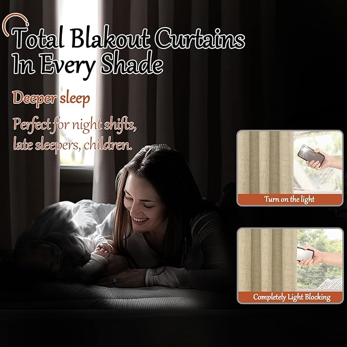 Lajode 100% Blackout Curtains for Living Room/Bedroom 84 Inch Length 2 Panels Set, Thermal Insulated Bronze Grommet Boho Light Blocking Faux Linen Window Drapes White Liner, Each 52" Wide, Burlap