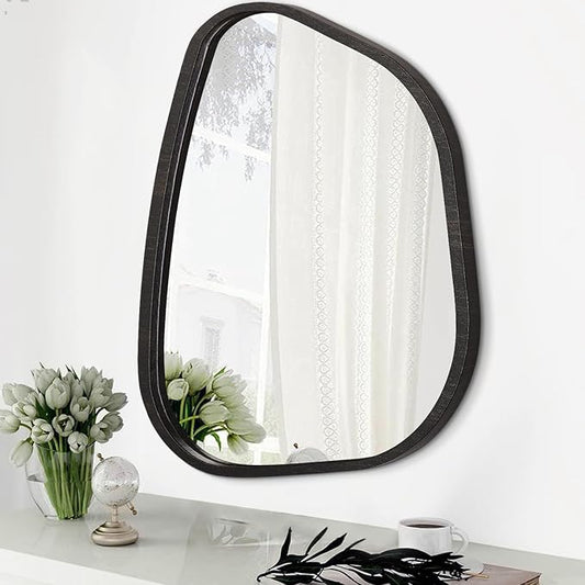 Asymmetrical Mirror Large 20"x16" Irregular Oval Wall Mirror Modern Wood Frame Unique Shape Wall Mounted Vanity Artistic Mirror Decorative for Living Room Bedroom Bathroom Entryway Hallway